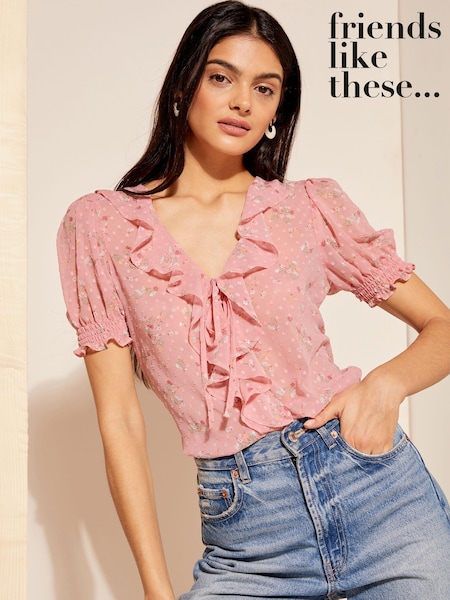 Roz floral - Bluză cu mânecă bufantă și Volane friends Like These Volane (K87601) | 121 LEI
