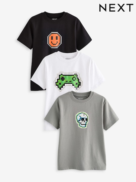 Schwarz/Weiß/Grau Pixel - Regular Fit Graphic 100% Cotton Short Sleeve T-Shirts 3 Pack (3-16yrs) (K87605) | 10 € - 13 €