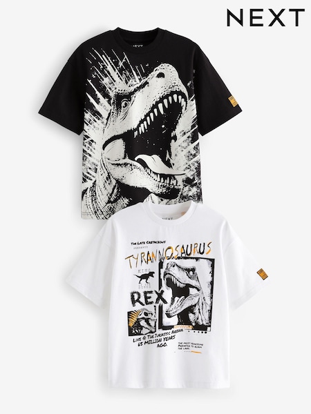 Dinosaurier-Motiv, Schwarz/Weiß - Graphic Short Sleeve 100% Cotton T-Shirts 2 Pack (3-16yrs) (K87606) | 11 € - 18 €