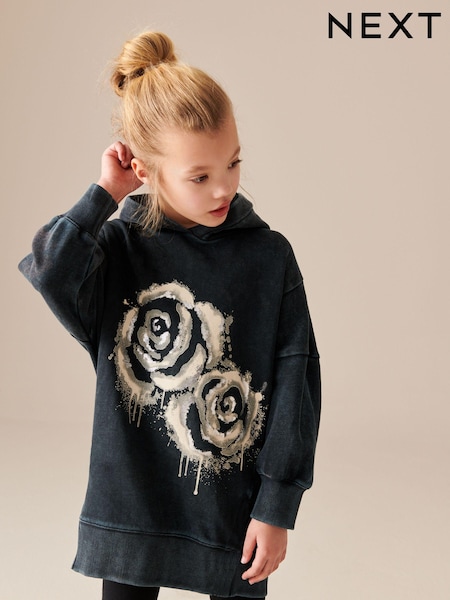 Charcoal Black Rose Printed Longline Hoodie (3-16yrs) (K88020) | AED67 - AED85