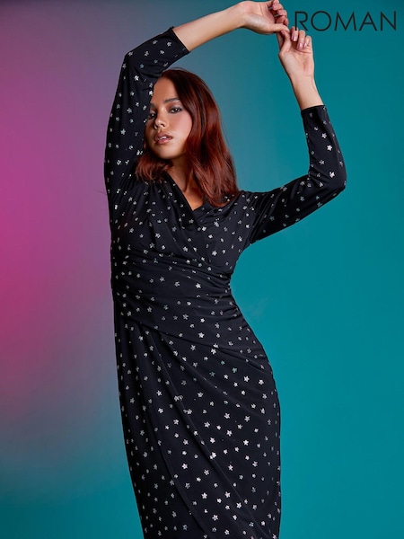 Roman Black Sequin Wrap Midi Dress (K88141) | €31
