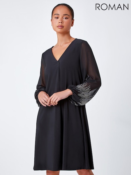 Roman Black Sparkle Sleeve Stretch Dress (K88157) | €34