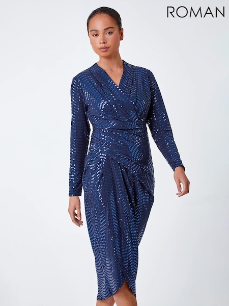 Roman Blue Sequin Wrap Midi Dress (K88169) | €34