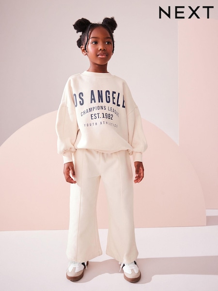 Ecru Slogan Sweatshirt And Wide Leg Joggers Set (3-16yrs) (K88180) | $33 - $44