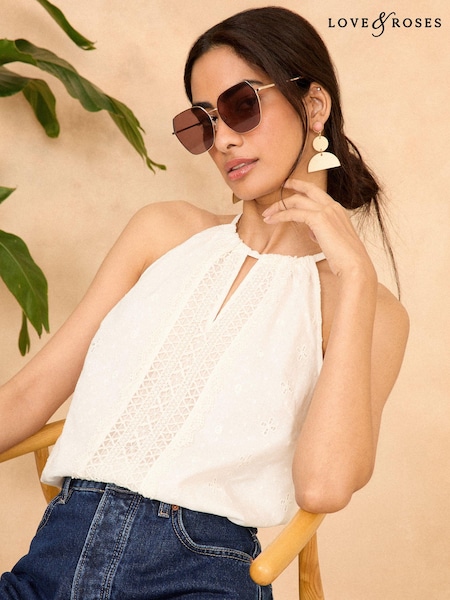 Broderie Alb Fildeș - Love & Roses Dantelă tiv Cu spatele gol top (K88288) | 107 LEI