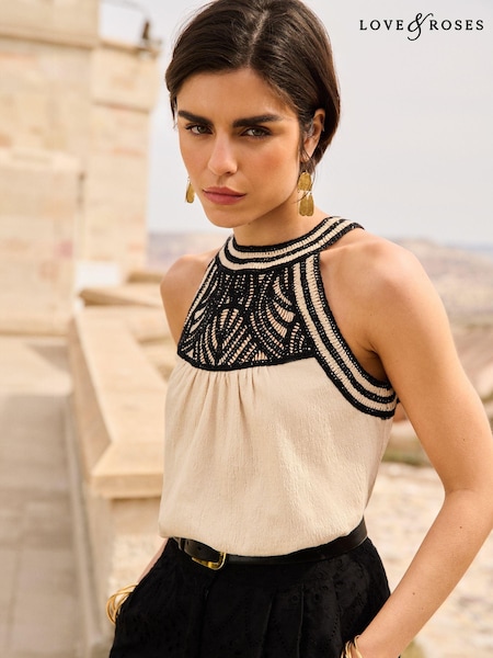 Love & Roses Crochet Black and Ivory White Halter Neck Jersey Top (K88343) | €22.50