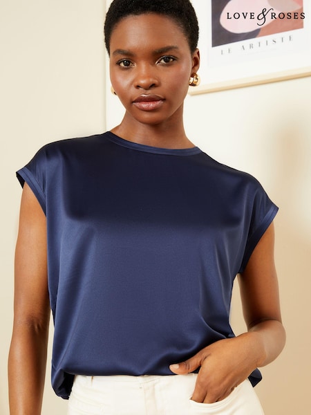 Love & Roses Navy Blue Satin Front Jersey Back T-Shirt (K88346) | AED89