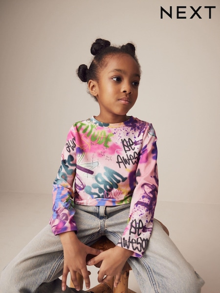 Purple Graffiti Long Sleeve Boxy Cropped T-Shirt (3-16yrs) (K88350) | AED6 - AED9