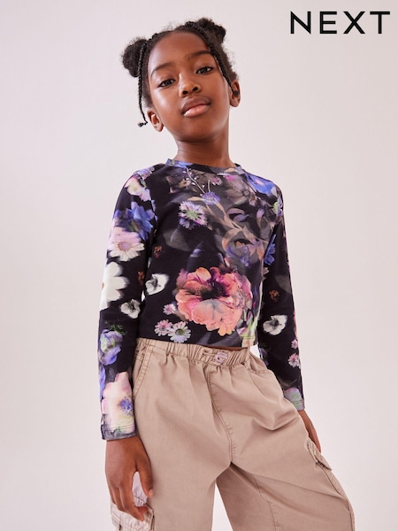 أسود زهور - Long Sleeve Boxy Cropped T-Shirt (3-16yrs) (K88367) | ‏6 د.إ.‏ - ‏ 9‏ د.إ.