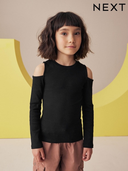 Black Long Sleeve Cold Shoulder Rib T-Shirt (3-16yrs) (K88468) | 21 QAR - 31 QAR
