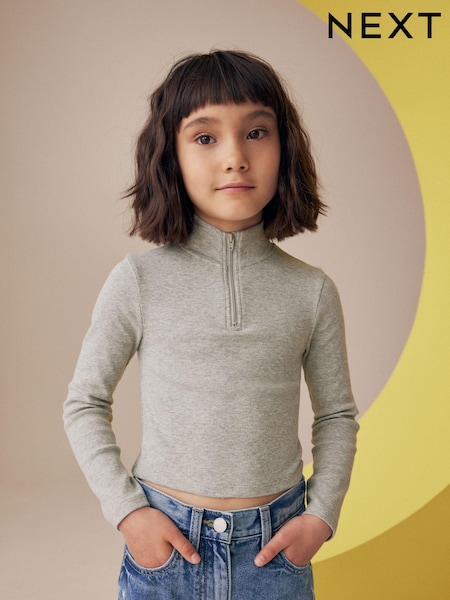 Grey Boxy Zip High Neck Rib Top (3-16yrs) (K88472) | €4 - €6