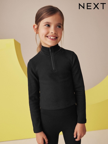Black Boxy Zip High Neck Rib Top (3-16yrs) (K88473) | AED9 - AED14
