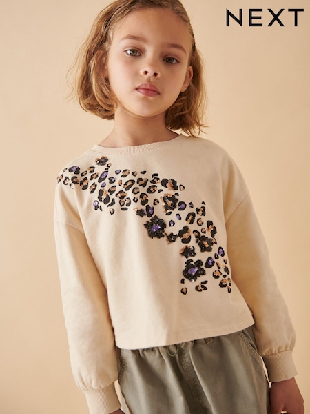 Ecru 100% Cotton Leopard Sequin Long Sleeve Sweat Top (3-16yrs) (K88488) | €12 - €18