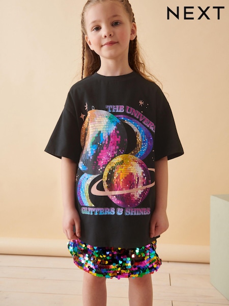 črna - 100% Cotton Sequin Glitterball Graphic T-Shirt (3-16yrs) (K88489) | € 10 - € 15