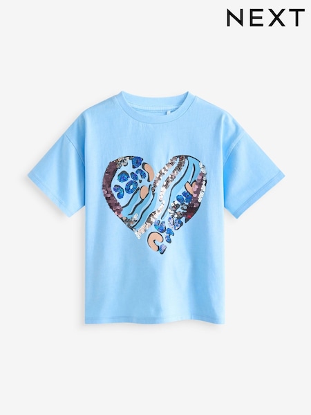 أزرق مائي - Animal Print 100% Cotton Sequin Heart T-Shirt (3-16yrs) (K88494) | ‏39 د.إ.‏ - ‏ 56‏ د.إ.