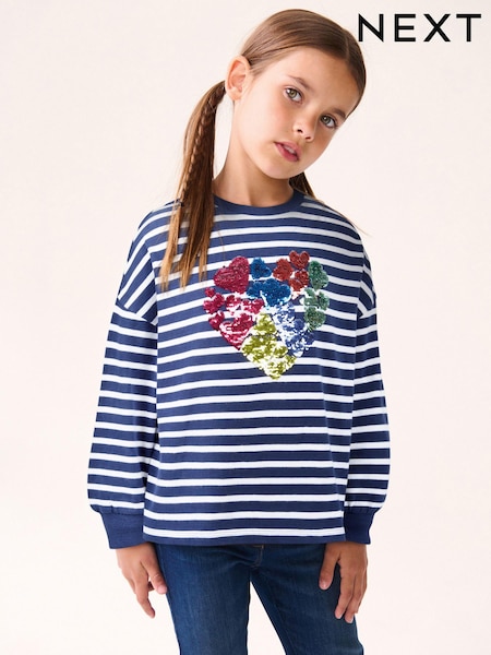Темно-синий в полоску - 100% Cotton Sequin Heart Long Sleeve T-Shirt (3-16yrs) (K88510) | €17 - €25