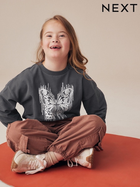 Charcoal Grey Sequin Butterfly Boxy 100% Cotton Sweatshirt (3-16yrs) (K88511) | 35 QAR - 50 QAR