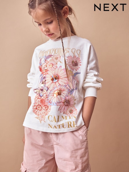 Ecru 100% Cotton Sequin Butterfly Long Sleeve T-Shirt (3-16yrs) (K88512) | €11 - €17