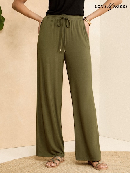 Verde kaki - Love & Roses Elastic Waist Evazat Pantaloni (K88524) | 103 LEI