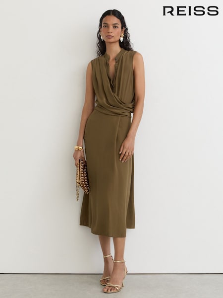 Khaki Green - Reiss Gracie Drape-detail Band-collar Midi Dress