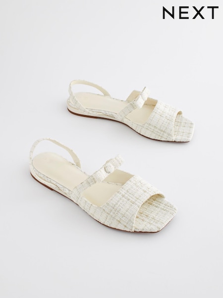 White Tweed Regular/Wide Fit Peep Toe Bow Slingback Sandals (K88555) | €13.50