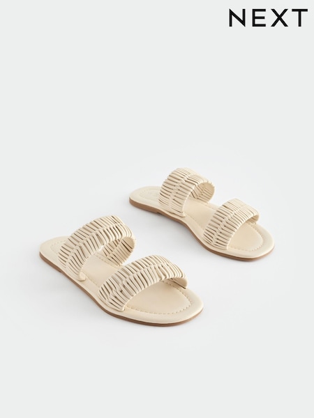Cream - Forever Comfort® Leather Weave Band Mule Sandals (K88557) | 132 LEI
