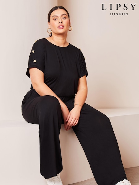 Lipsy Black Curve Miltary Button Shorts Sleeve Jersey Jumpsuit (K88591) | €24