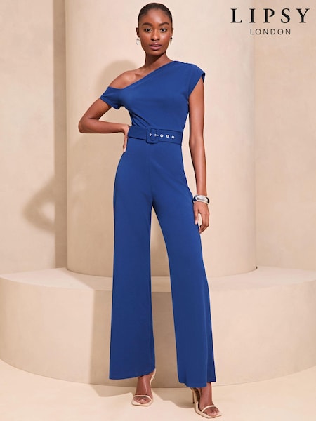 Lipsy Blue Belted One Shoulder Bardot Wide Leg Jumpsuit (K88600) | €34