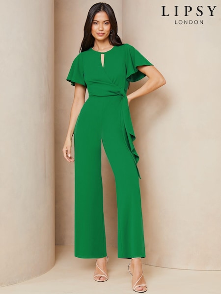 Lipsy Green Petite Flutter Sleeve Tie Side Wide Leg Jumpsuit (K88628) | 130 QAR