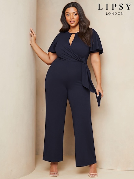 Lipsy Navy Blue Curve Flutter Sleeve Tie Side Wide Leg Jumpsuit (K88639) | €12