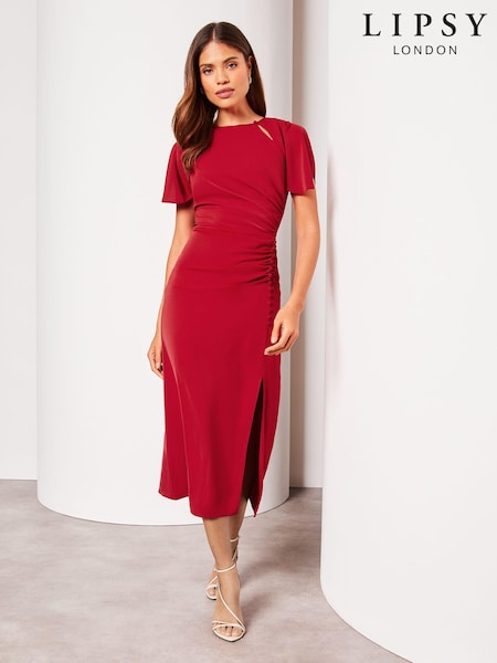 Lipsy Red Ruched Button Front Sleeved Midi Dress (K88655) | 217 QAR