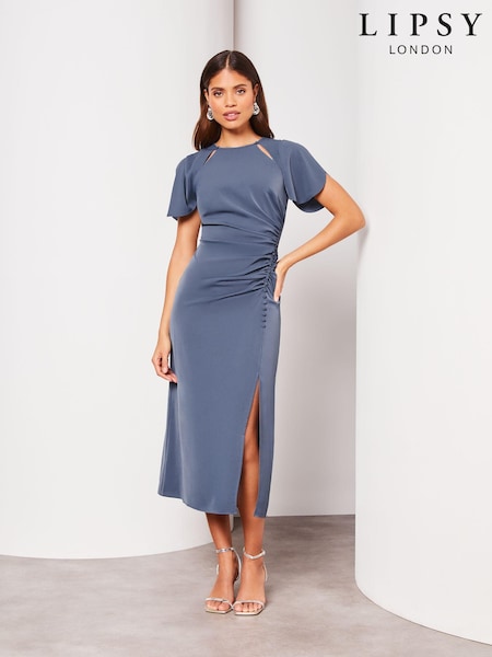 Lipsy Blue Ruched Button Front Sleeved Midi Dress (K88670) | 155 QAR