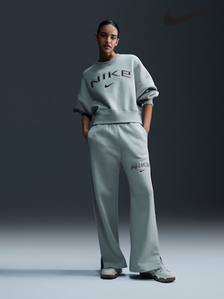 Nike Sage Green Phoenix Fleece Varsity High Waisted Wide Leg Logo Joggers (K88874) | €85