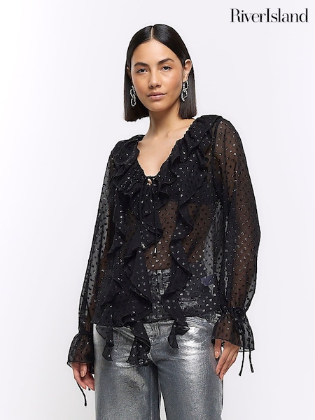 River Island Black Frill Blouse (K89546) | €10