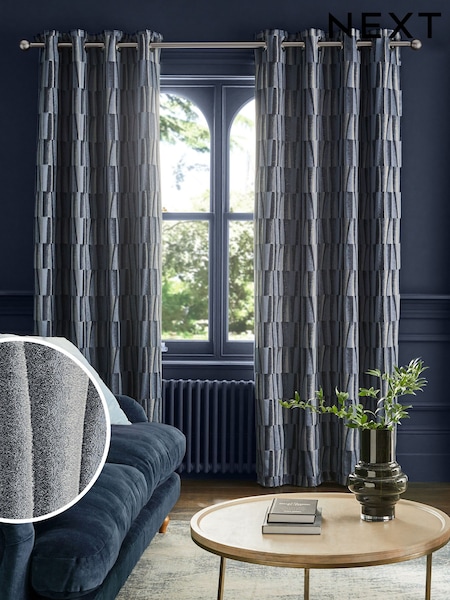 Navy Blue Abstract Blocks Jacquard Eyelet Lined Curtains (K89731) | €104 - €219