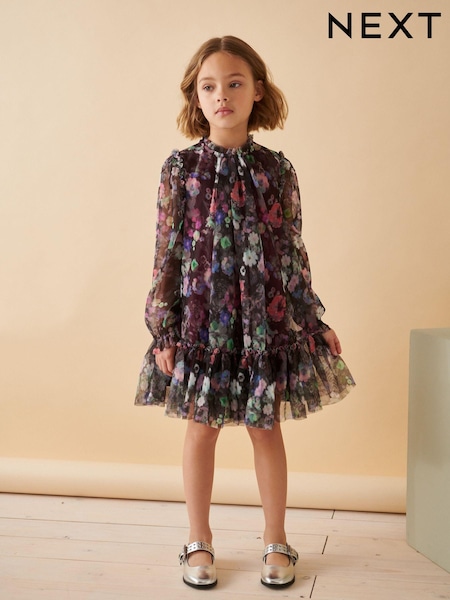 Black Floral Mesh Long Sleeve Dress (3-16yrs) (K89830) | €13.50 - €18.50