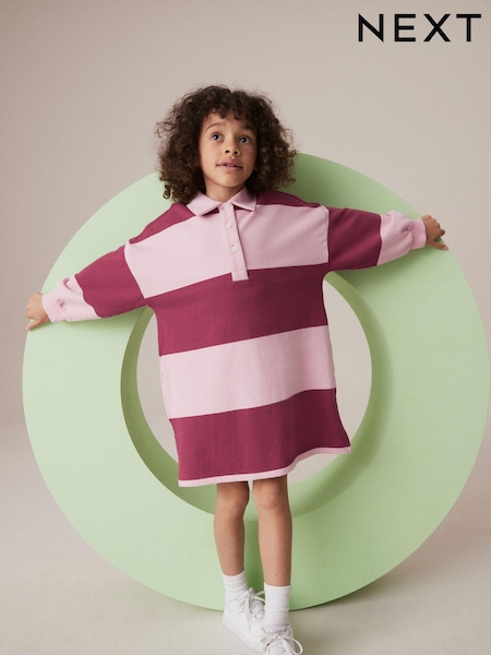 Berry Red/Pink Stripe 100% Cotton Rugby Dress (3-16yrs) (K89848) | AED39 - AED56