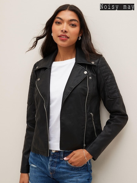 NOISY MAY Black 100% Cotton Leather Look Biker Jacket (K89862) | €50