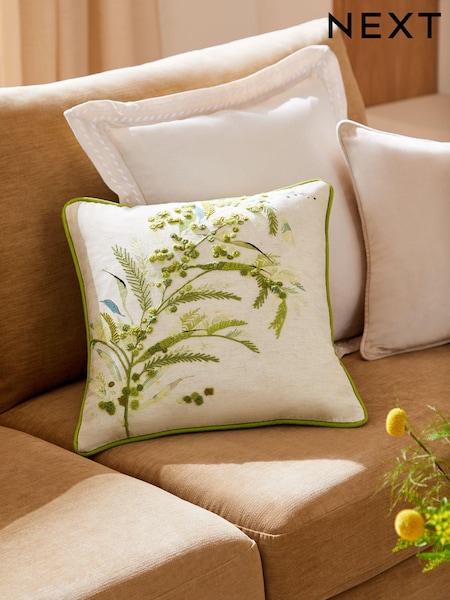 Sage Green Mimosa Leaf Embroidered Cushion (K89903) | €13