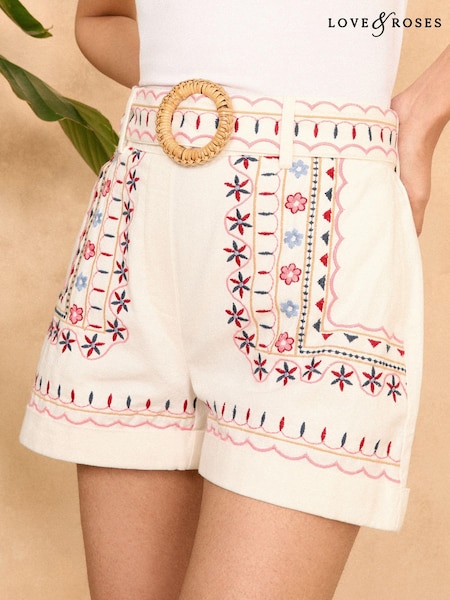 Love & Roses Embroidered Belted Shorts (K90271) | 139 LEI