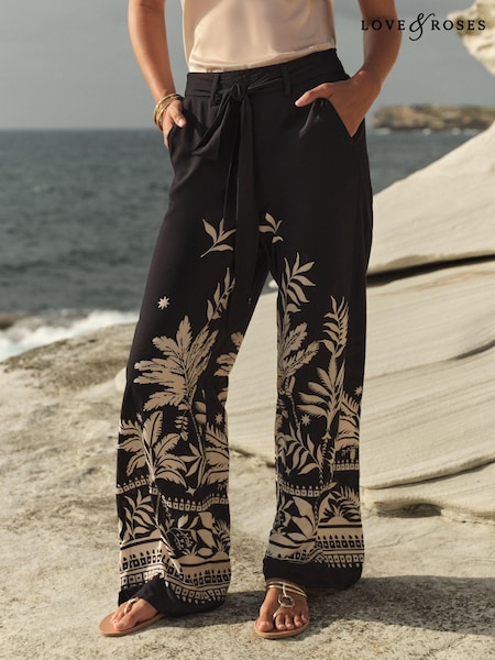 Love & Roses Printed Belted Wide Leg Trousers (K90309) | 184 LEI