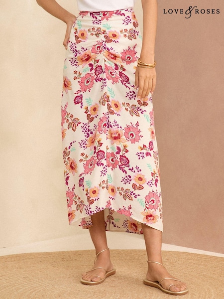 Love & Roses Printed Ruched Midi Skirt (K90313) | 146 LEI