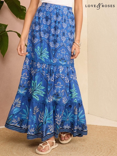 Love & Roses Blue Print Tiered Trim Detail Maxi Skirt (K90321) | €34