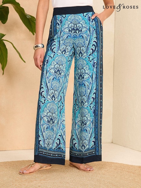 Love & Roses Printed Belted Wide Leg Trousers (K90322) | 157 LEI
