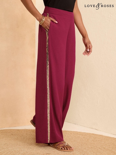 Love & Roses Burgundy Red Lightweight Side Trim Wide Leg Trousers (K90334) | AED171