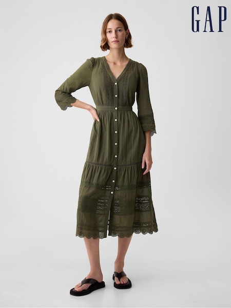 Gap Green Crinkle Cotton Lace 3/4 Sleeve Midi Dress (K90671) | €36