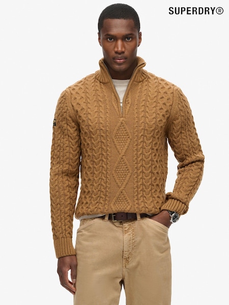 Superdry Brown Vintage Jacob Cable Knit Quarter Zip Jumper (K90883) | R$ 640