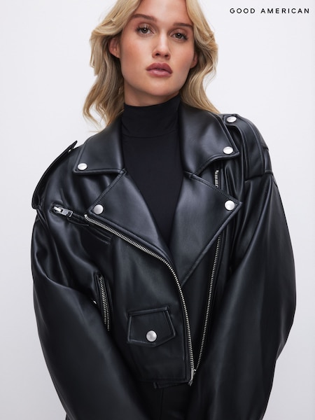 Good American Black Crop Moto Faux Leather Jacket (K90960) | €322