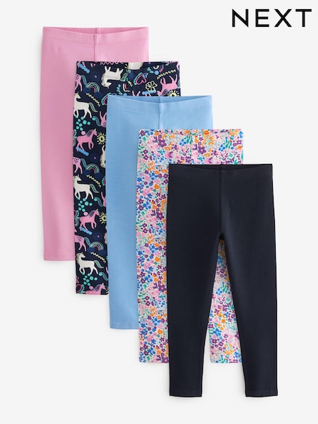 Blue/Pink Floral/Navy Unicorn - Leggings 5 Pack (3-16yrs) (K91388) | 28 € - 39 €