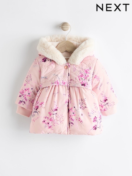 Vaaleanpunainen Kukallinen  - Baby Hooded Puffer Coat (0mths-2yrs) (K91436) | €25 - €27